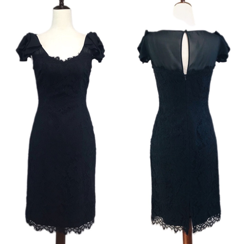 WHBM Black Lace Fitted Dress Cap Sleeve Sheer Sheath Cocktail Dress Size 0